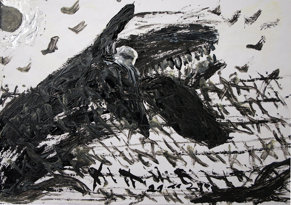 Ceija Stojka, The fear was great behind the barbed wire fence in K.Z. Auschwitz, 2009; gouache on paper, 42 x 29,5 cm; Collection Foundation Kai Dikhas